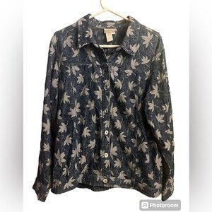 Vintage Coldwater Creek leaf print lightweight blue button down jacket USA Large